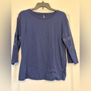 Navy Sequin-Trim 3/4 Sleeve Women's Top